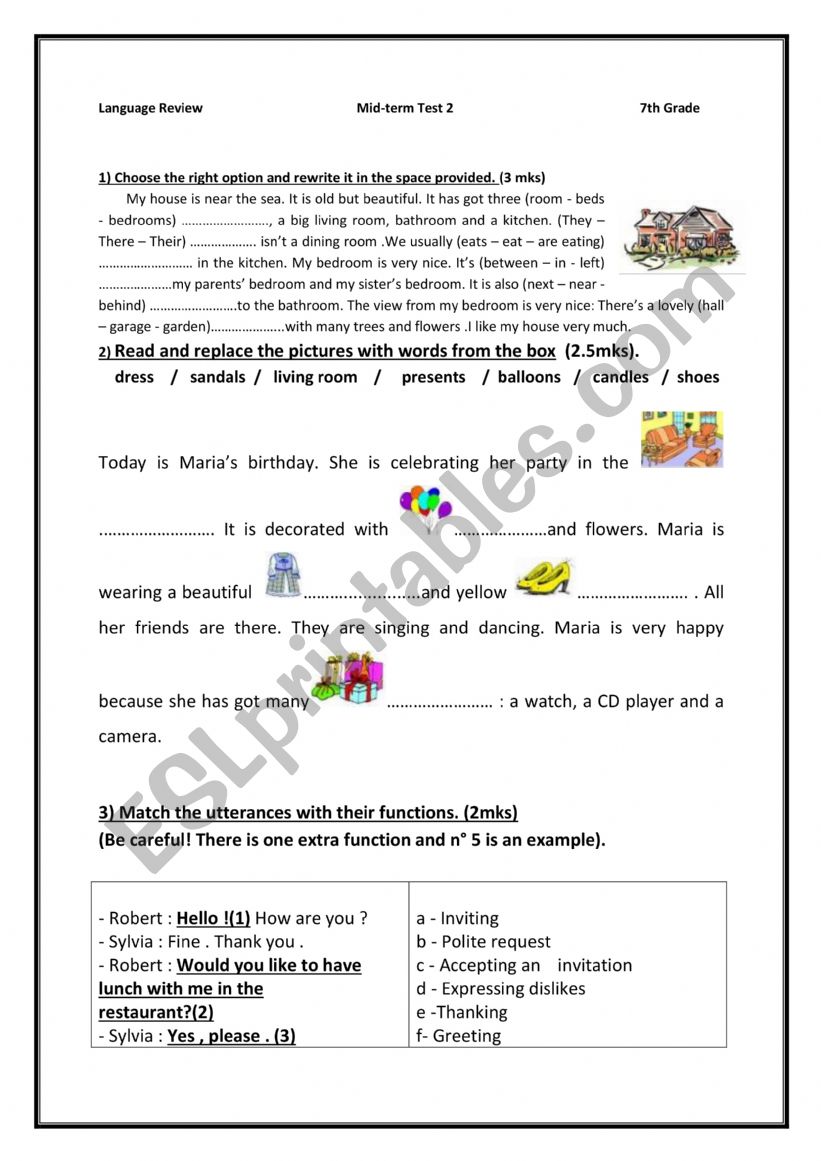 7th grade- midterm test 2 worksheet