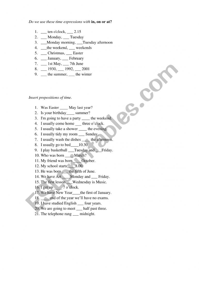 Prepositions in on at worksheet