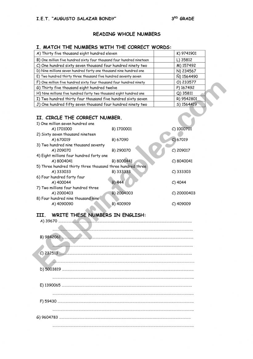 Reading Numbers worksheet