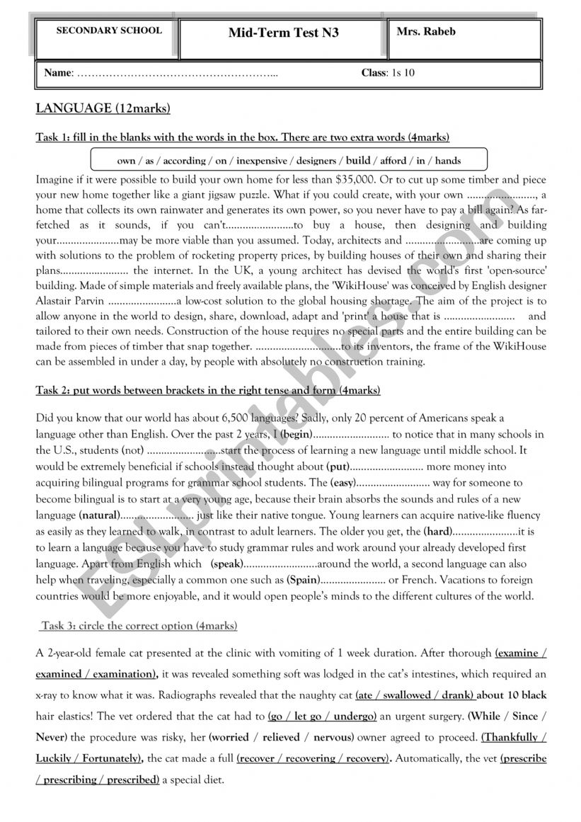 1st year secondary mid term test nb 3