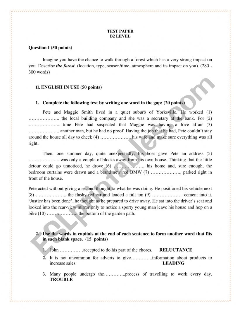B2 LEVEL TEST PAPER worksheet