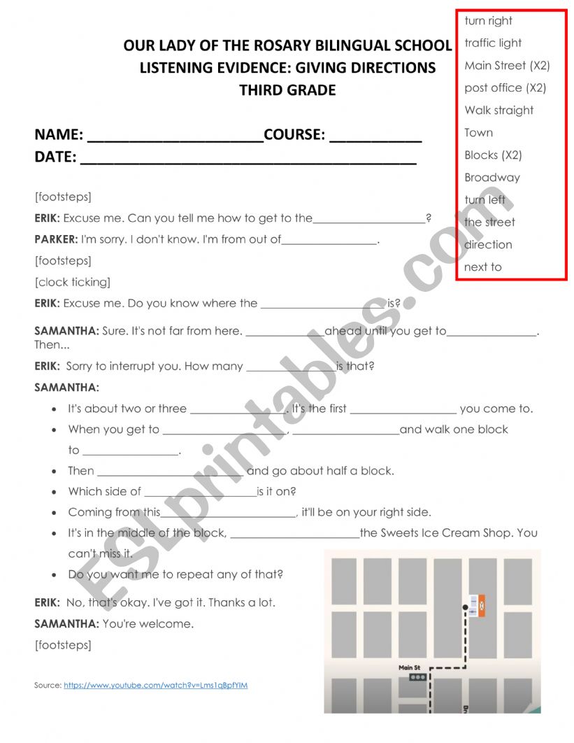 giving directions listening  worksheet