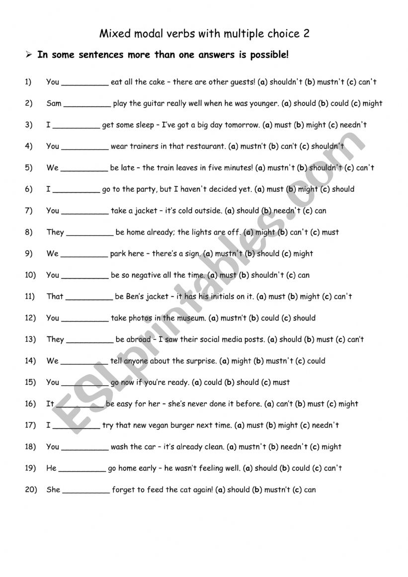 A1+-A2 Mixed modal verbs with multiple choice 2 A1+-A2 Mixed modal verbs with multiple choice 2