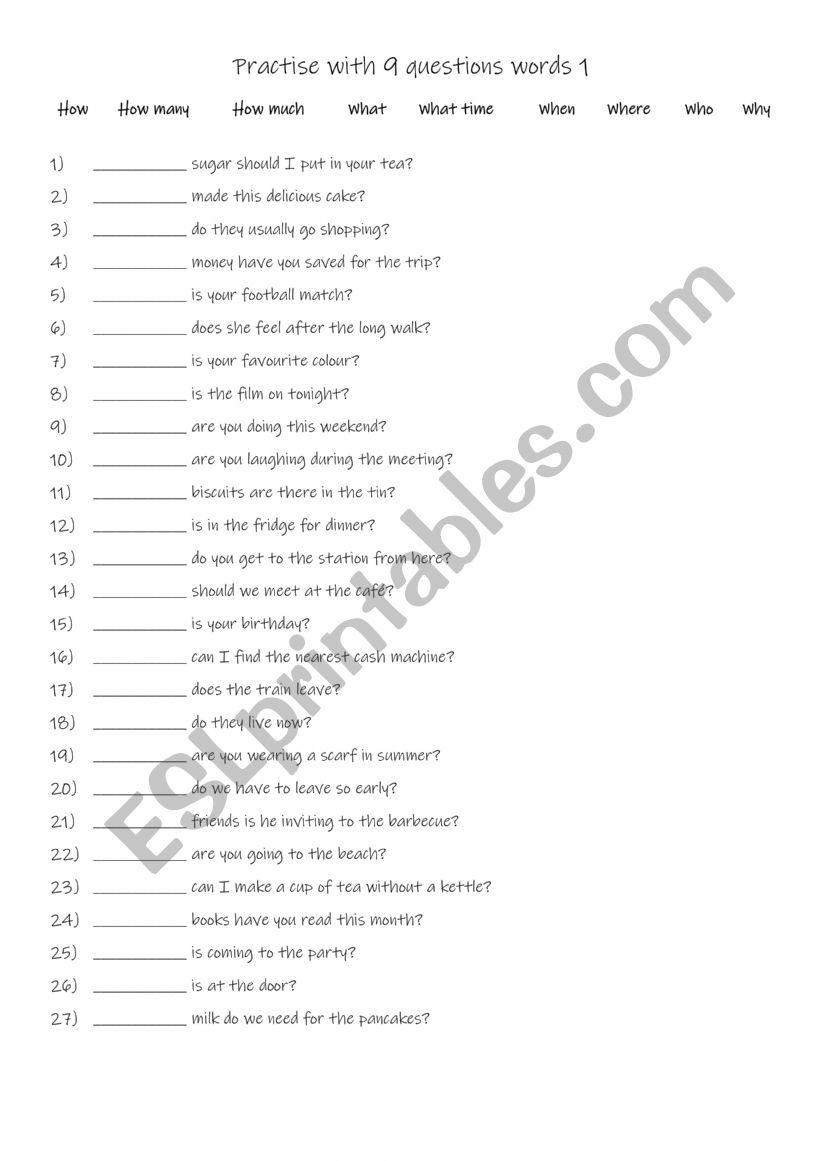 Practise with 9 questions words 1
