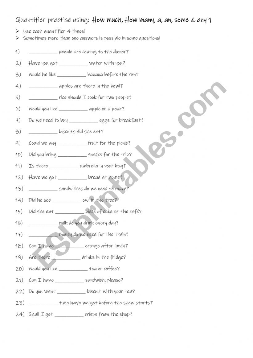 Quantifier practise using How much, How many, a, an, some & any 1 Quantifier practise using How much, How many, a, an, some & any 1