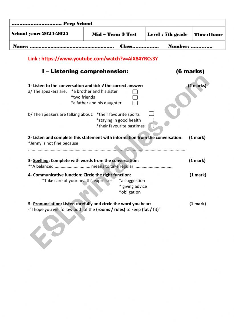 Mid of term 3 test   7th grade