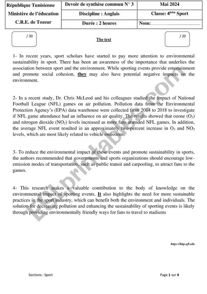 End-term exam (bac students ) sports 