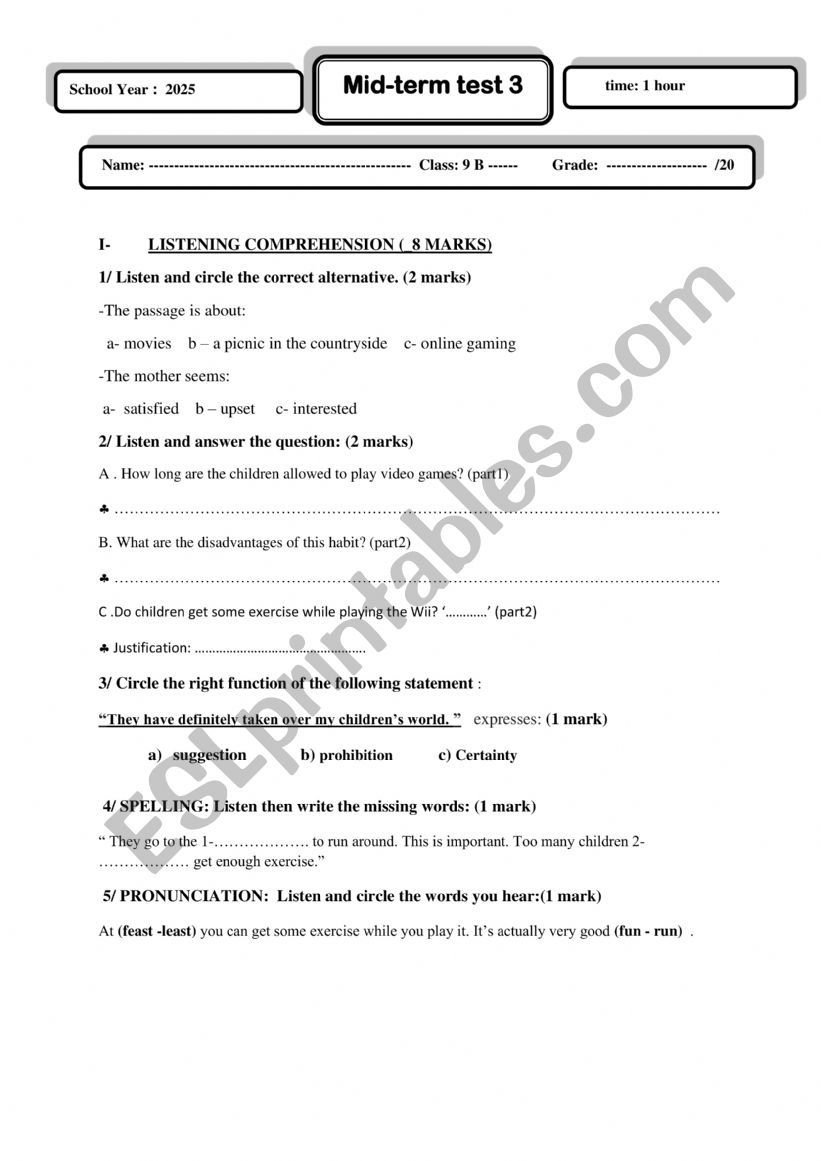 MID TERM TEST 3 9 TH FORM worksheet