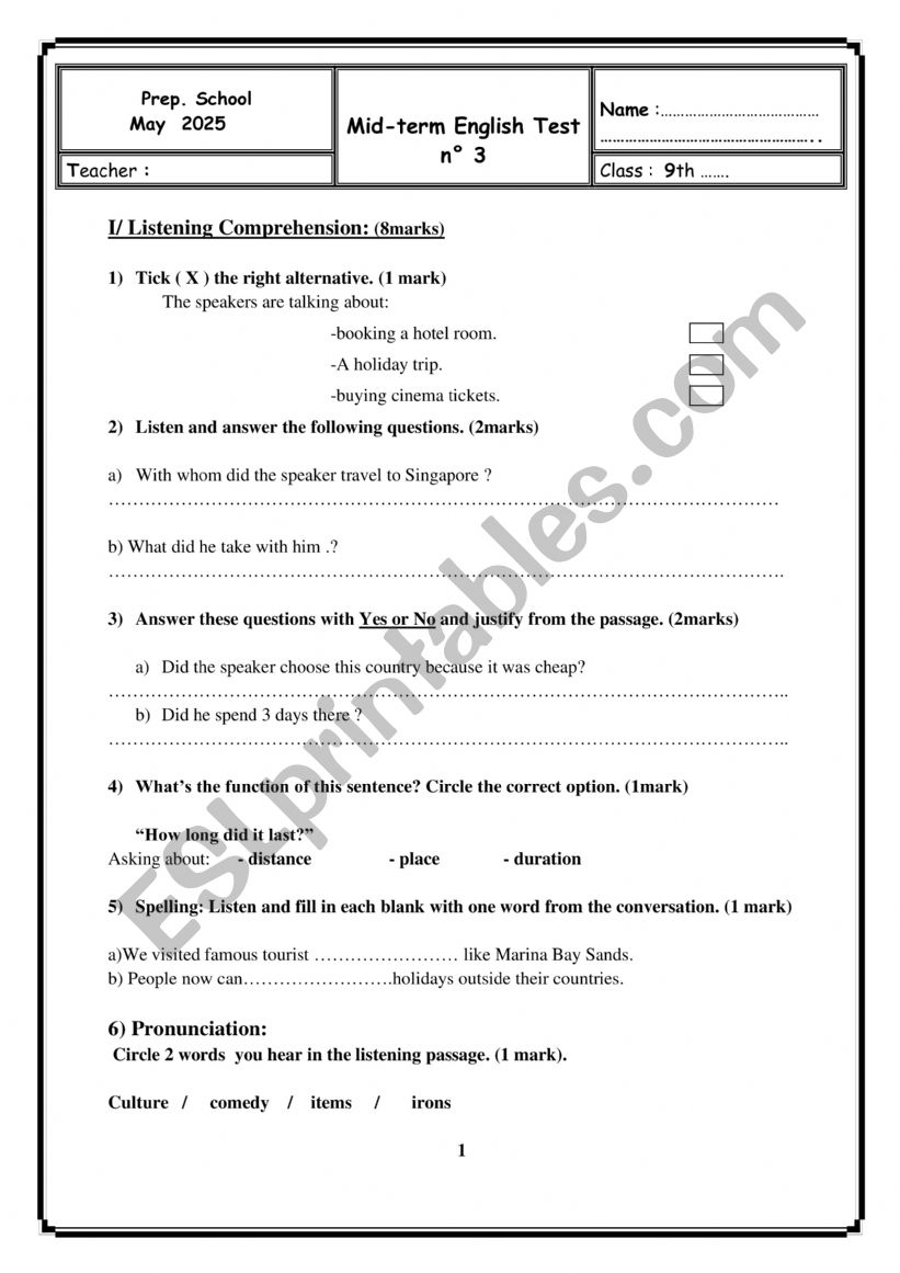a mid term test 3 for 9th graders