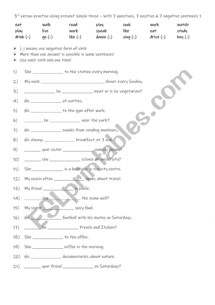 A1-A2 3rd person practise using present simple tense – with positive & negative sentences + questions 1 A1-A2 3rd person practise using present simple tense – with positive & negative sentences + questions 1