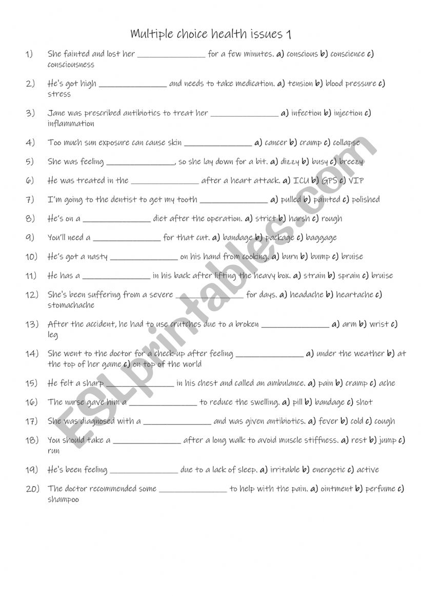 A2-B1 Multiple choice health issues 1 