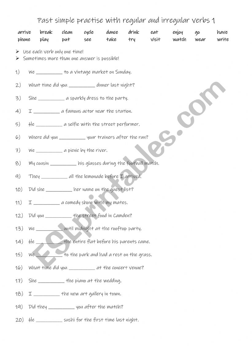 Past simple practise with regular and irregular verbs 1