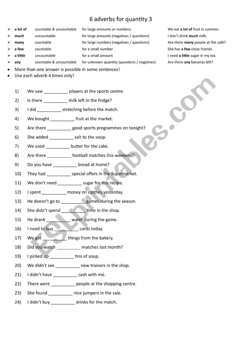 Quantifiers with 6 adverbs for quantity 3
