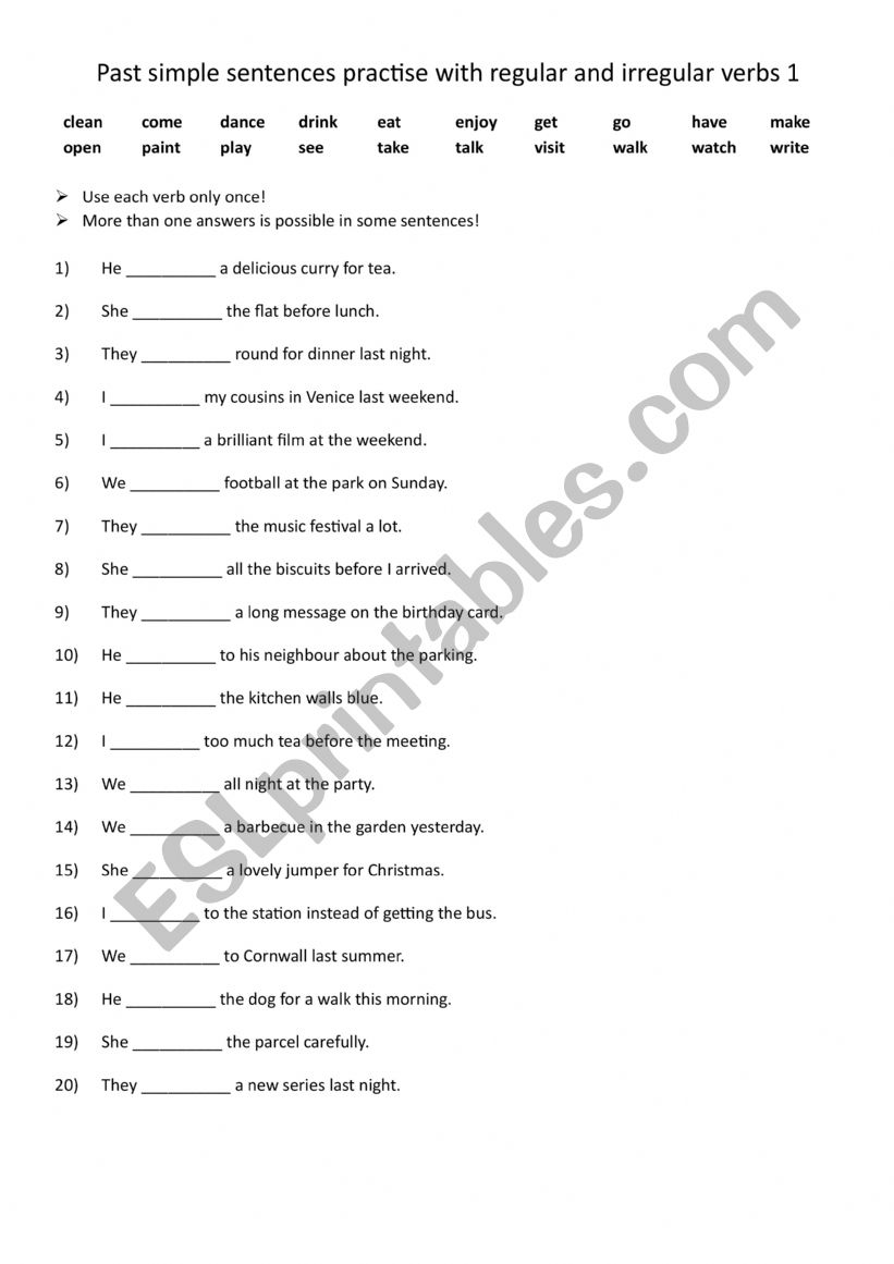 Past simple sentences practise with regular and irregular verbs 1