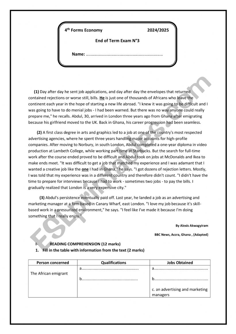 Bac Blanc- economy worksheet