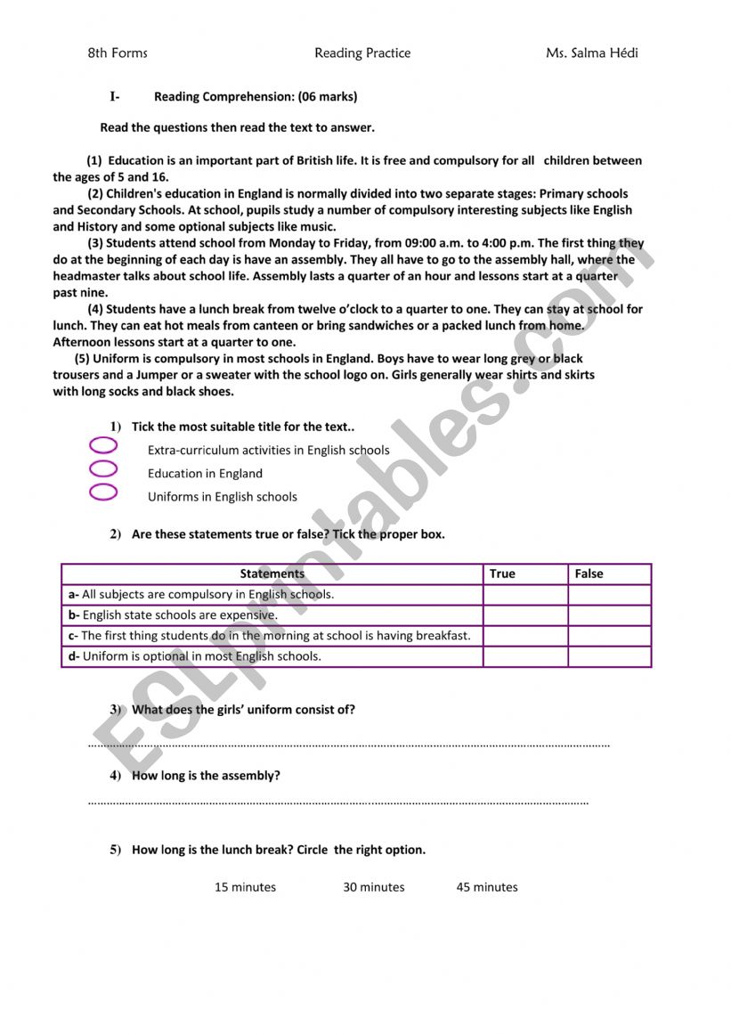 8th Grade- reading comprehension 