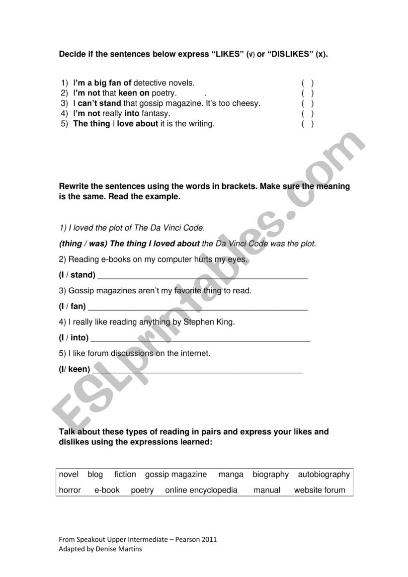 Likes and dislikes worksheet