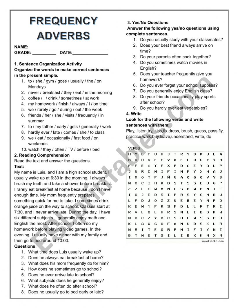ADVERBS OF FREQUENCY worksheet