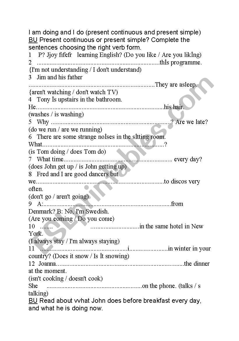 present simple or continuos worksheet