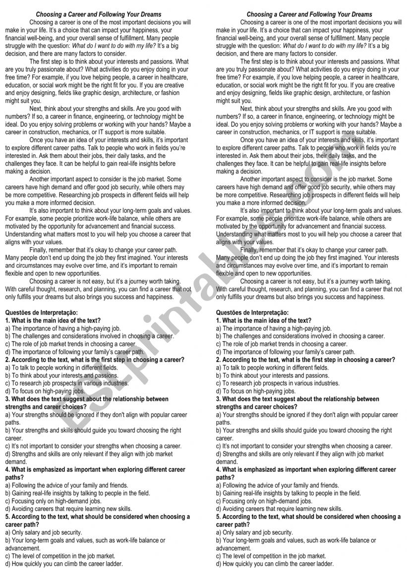 Choosing a career worksheet