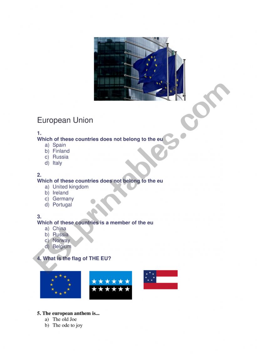THE EUROPEAN UNION QUIZZ worksheet