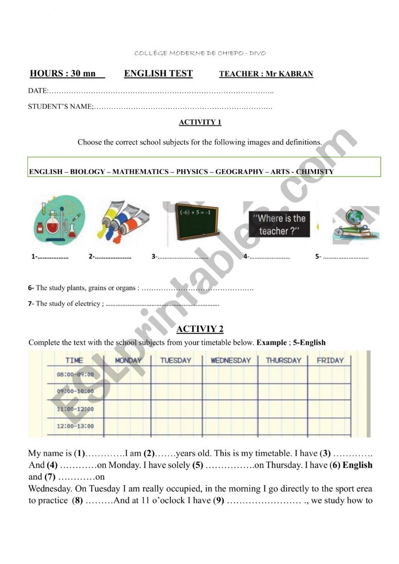 Writing and reading comprehension test 