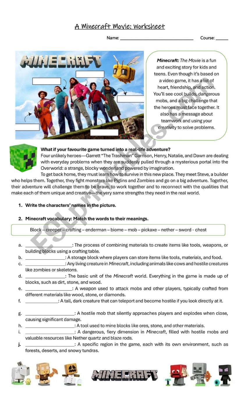 A Minecraft Movie: Worksheet worksheet