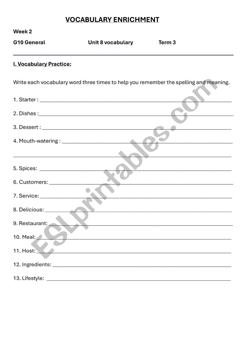 Vocabulary worksheet