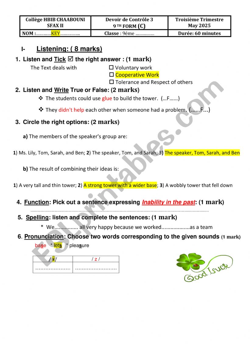 A Mid term Test for 8 th form Tunisian students