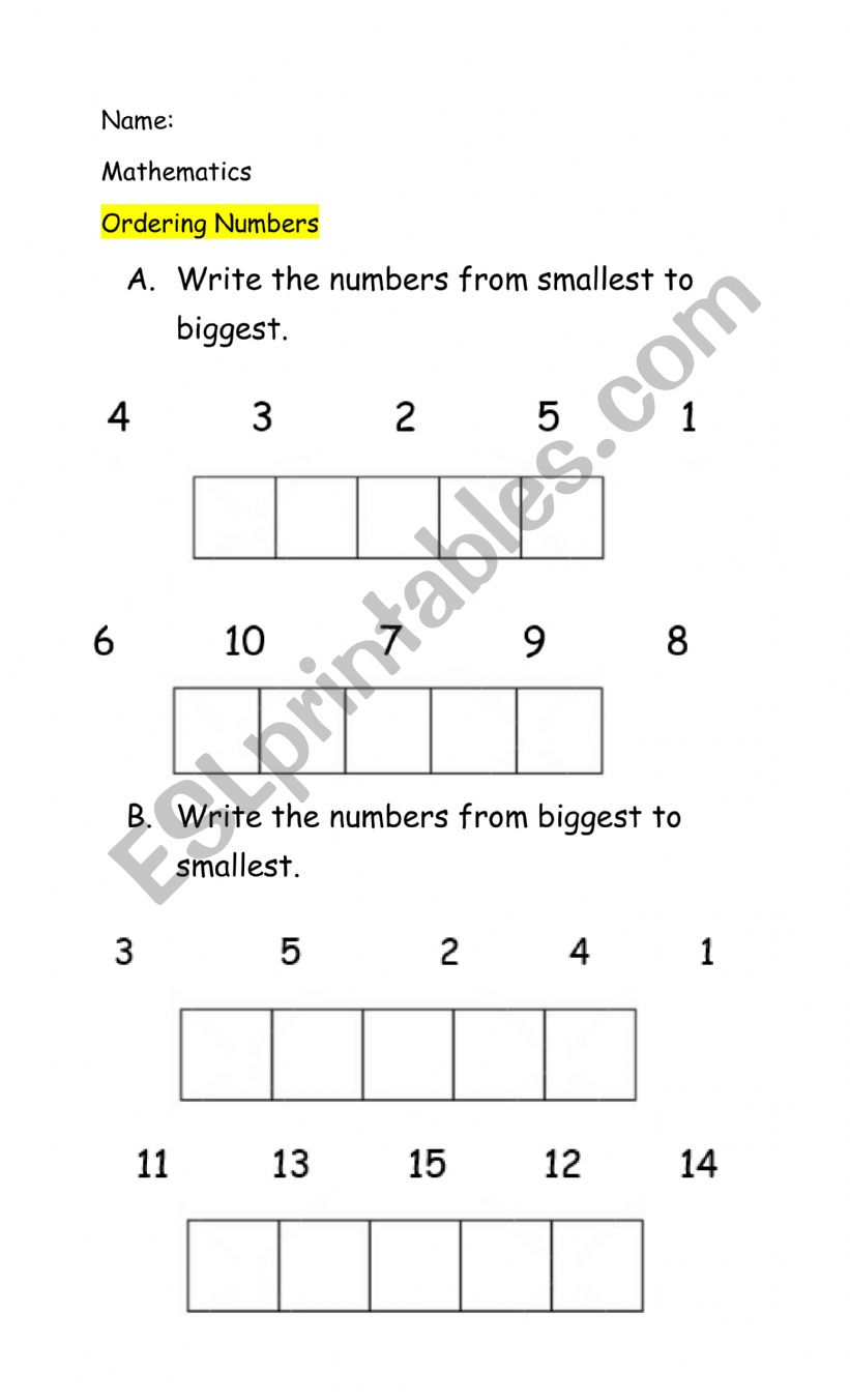Ordering Numbers worksheet