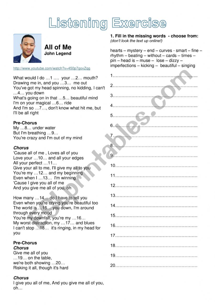 All of Me - John Legend - Listening exercise