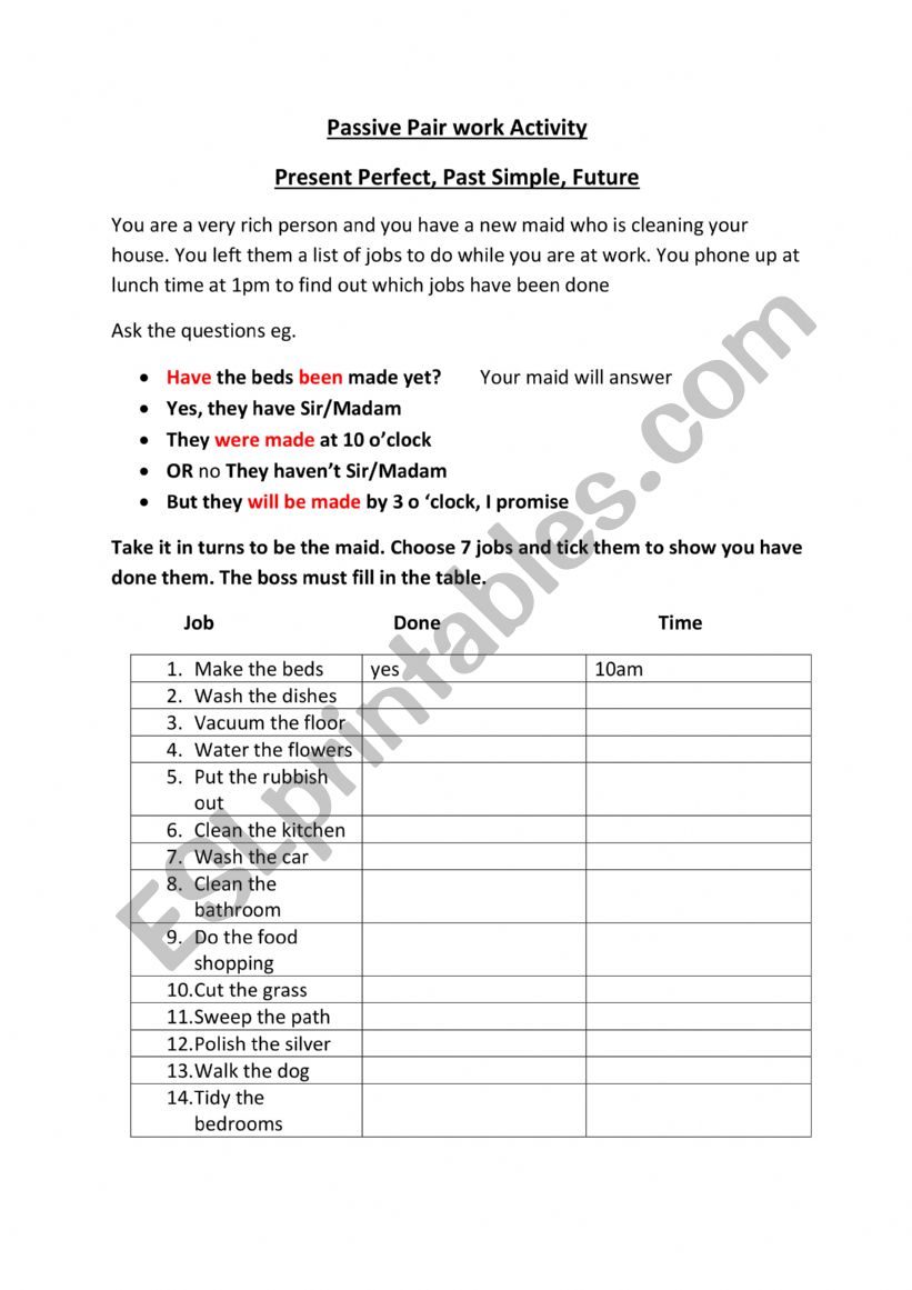 Passive pair work worksheet Passive pair work worksheet