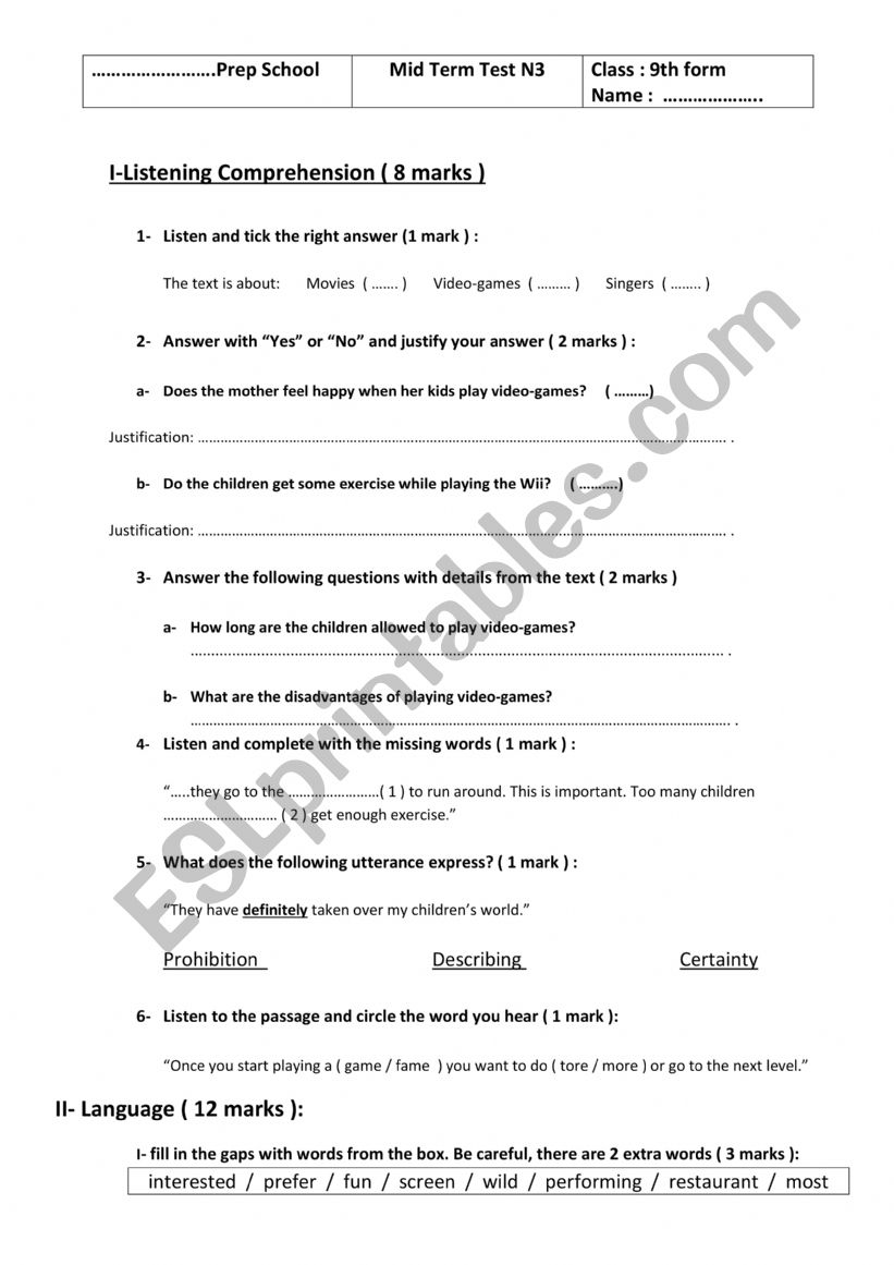 9th form mid term test 3 worksheet