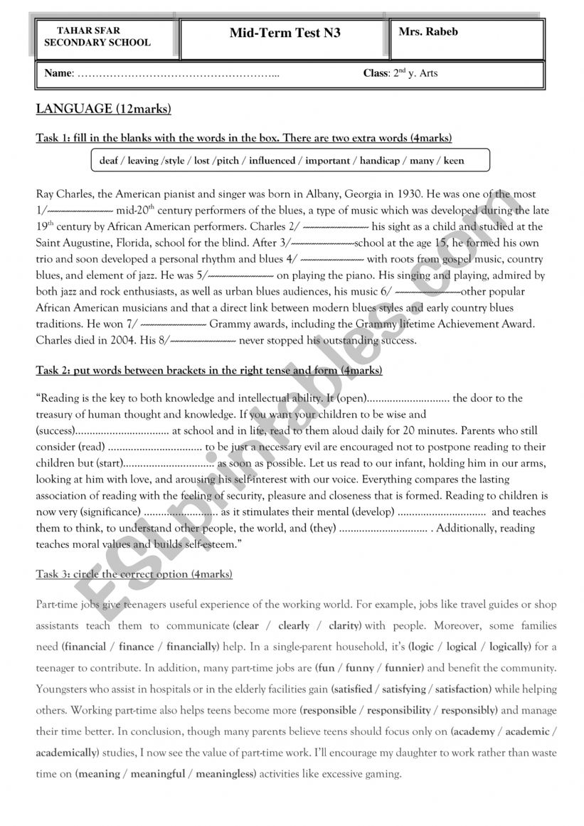 2nd year secondary mid term test nb3