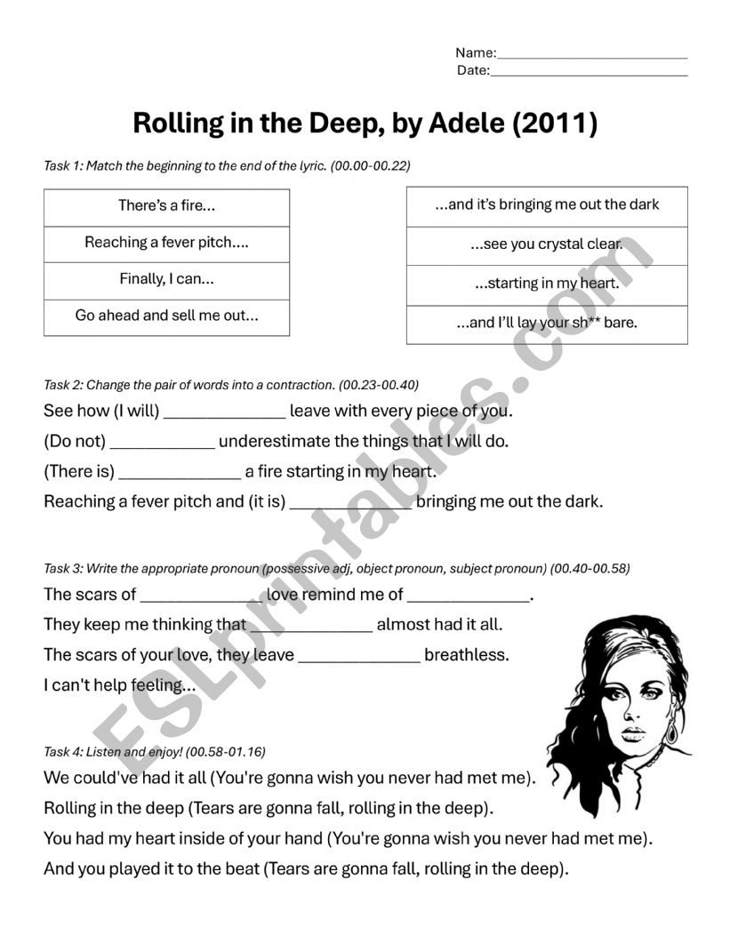 Adele, Rolling in the Deep worksheet