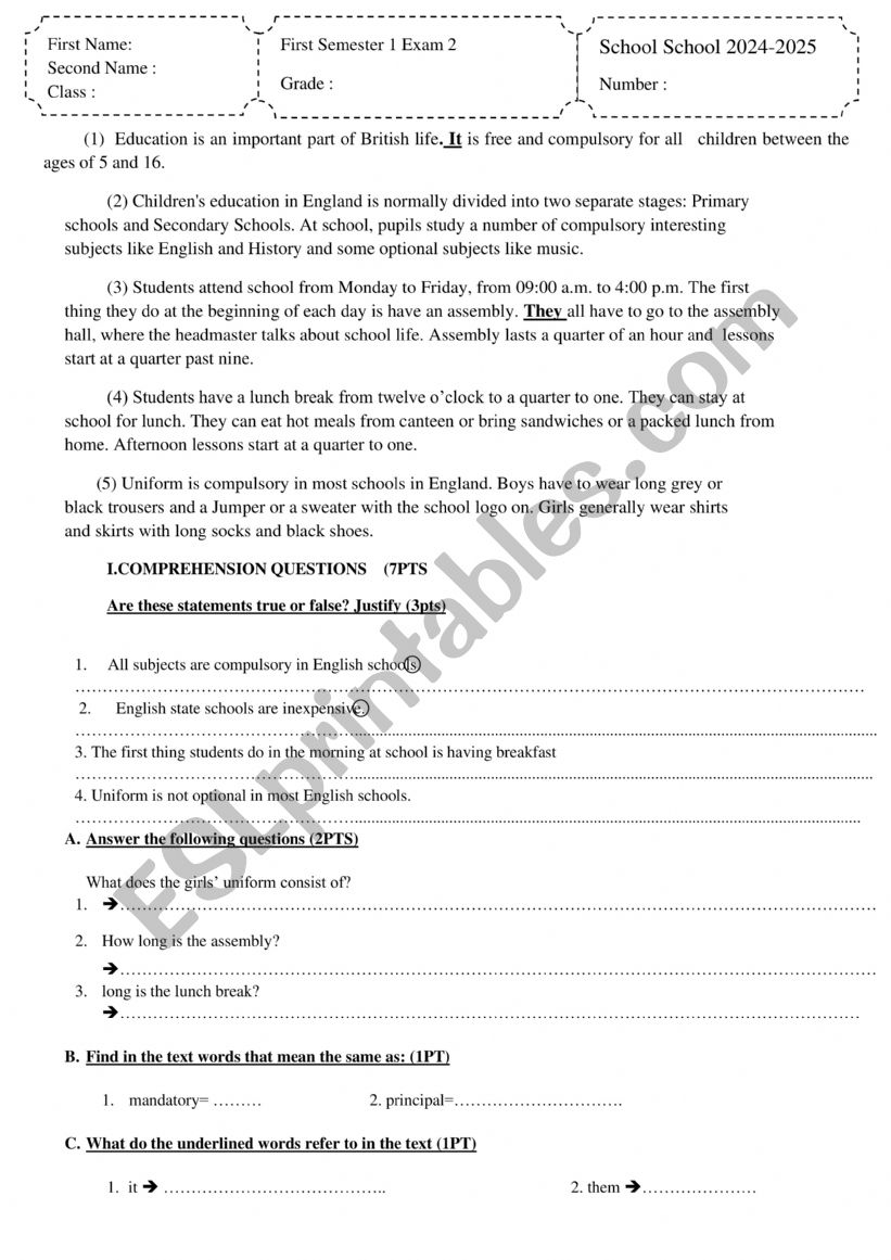 test worksheet