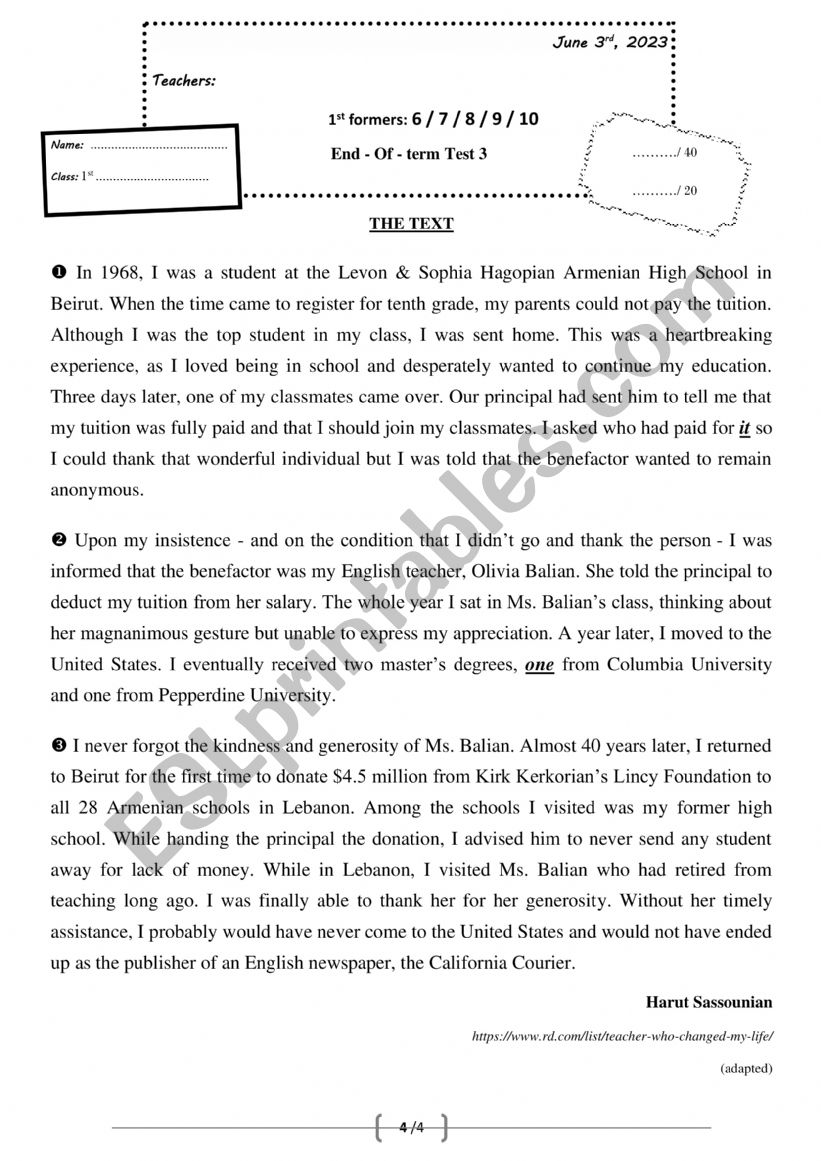 1st form end of term test 3 Tunisia