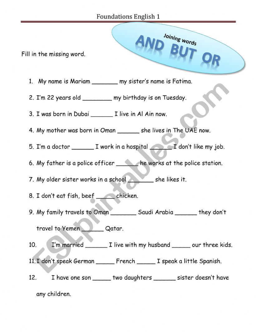 Conjunction Exercise worksheet