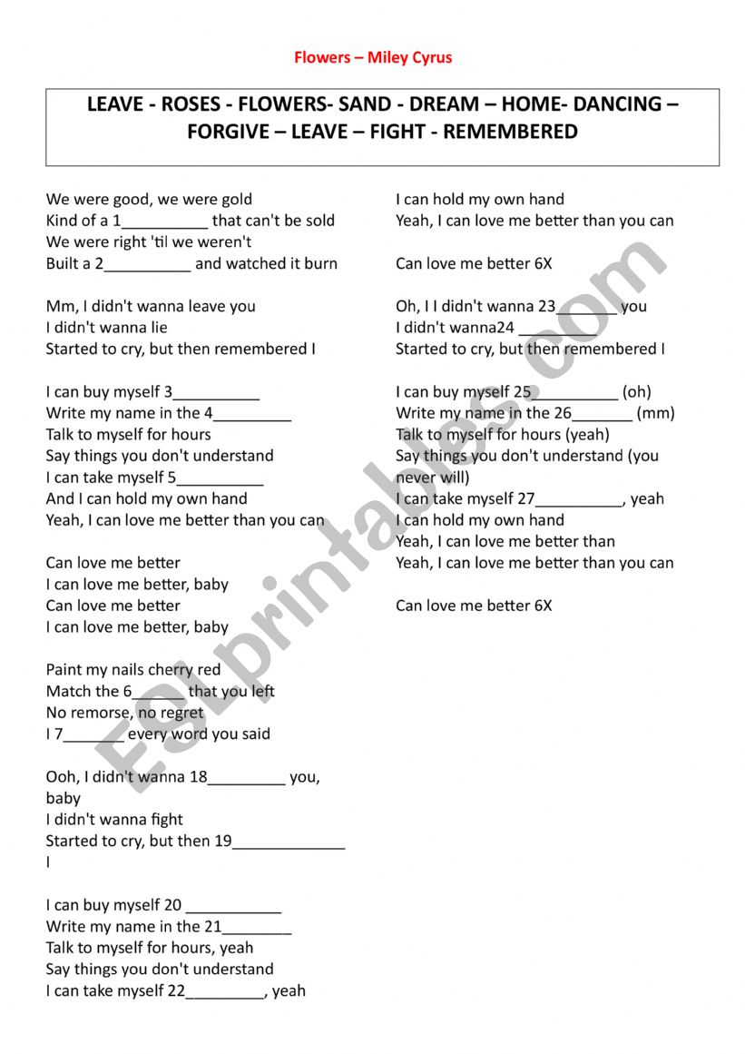 FLOWERS - MILEY CIRUS worksheet