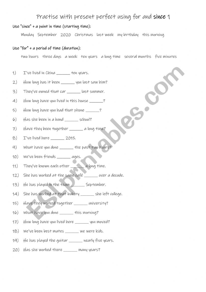 A1+-A2 Practise with present perfect using for and since 1