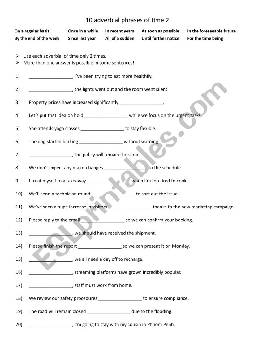A2+-B1 10 adverbial phrases of time 2 A2+-B1 10 adverbial phrases of time 2