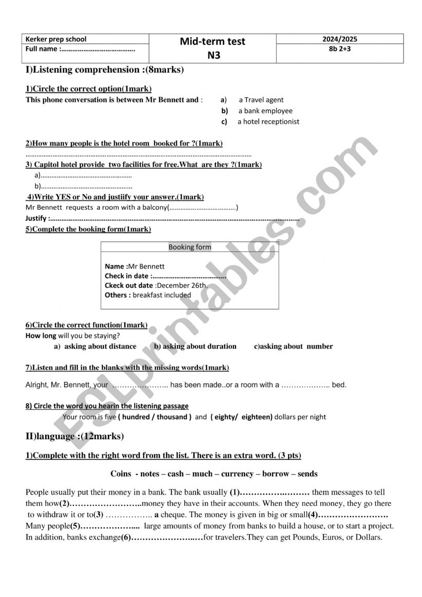 8th form mid term test N3 2025