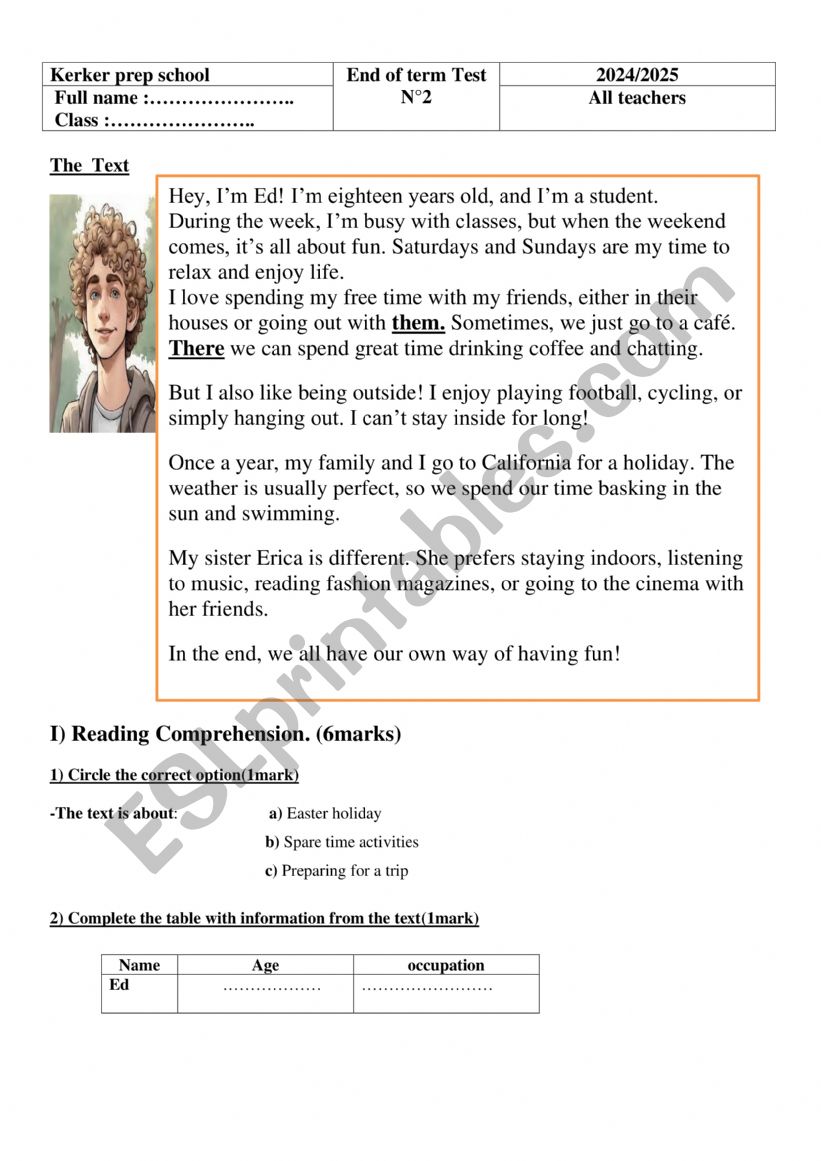 8th form end of term test n2 worksheet