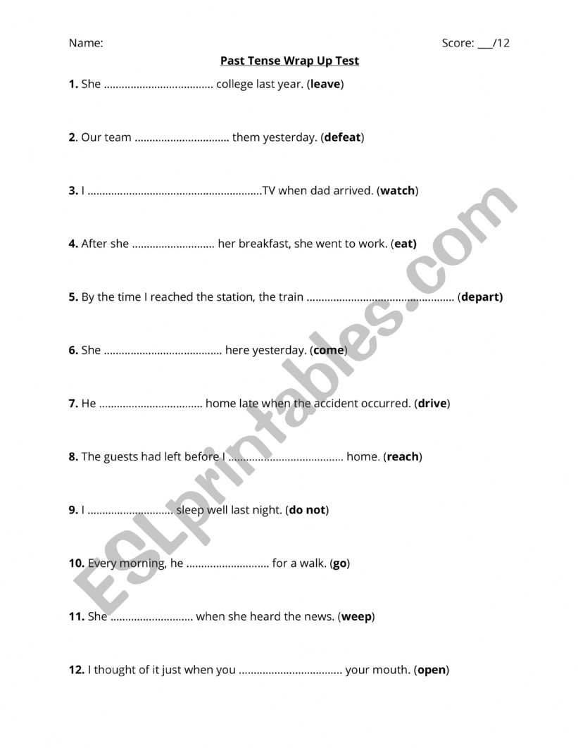 Past Tense Wrap Up Test worksheet