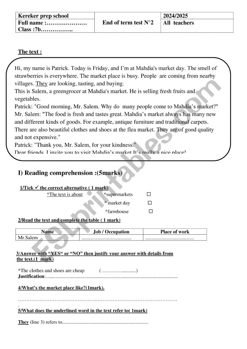 7 end of term test 2 N3 worksheet