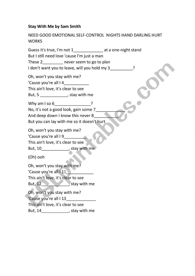 Stay With Me by Sam Smith worksheet