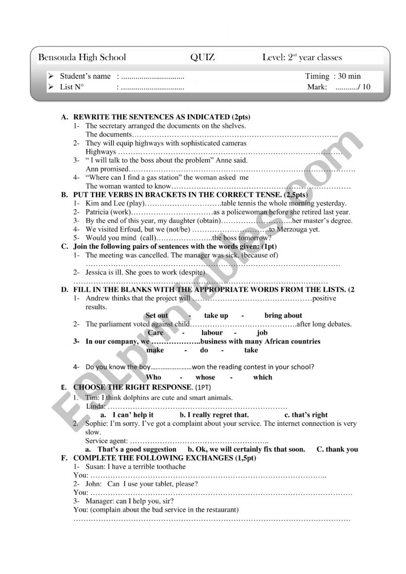 Quiz for 2nd bac worksheet