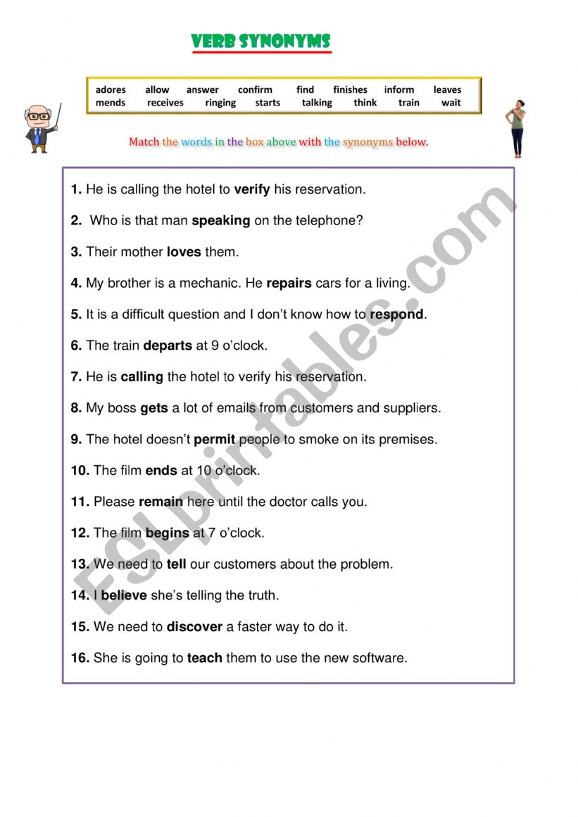 Verb Synonyms worksheet Verb Synonyms worksheet