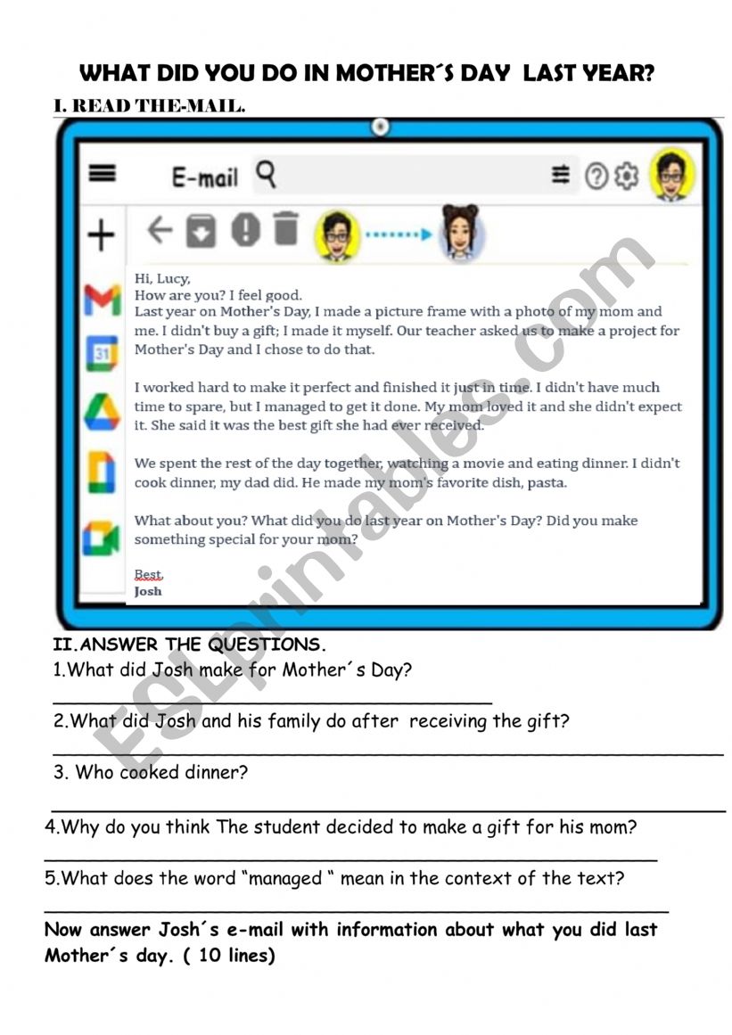 mothers day e-mail worksheet