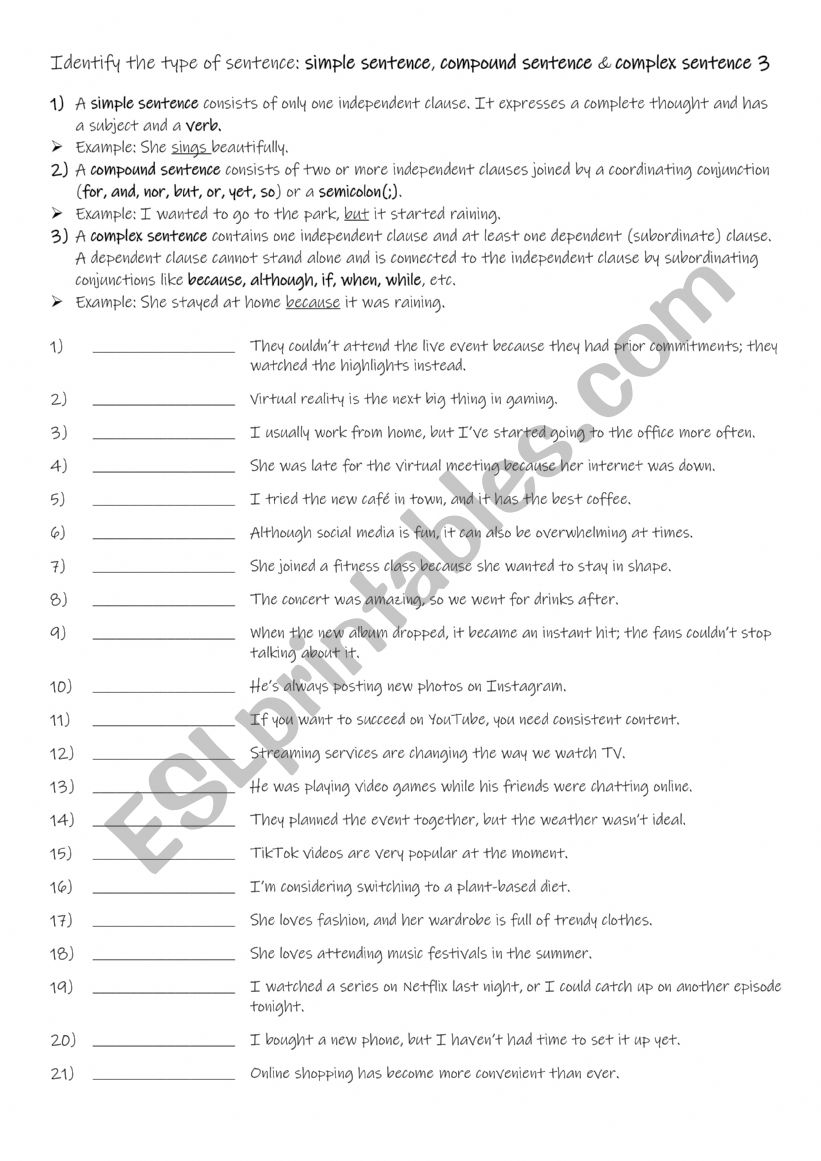 A2 Identify the type of sentence simple sentence, compound sentence & complex sentence 3